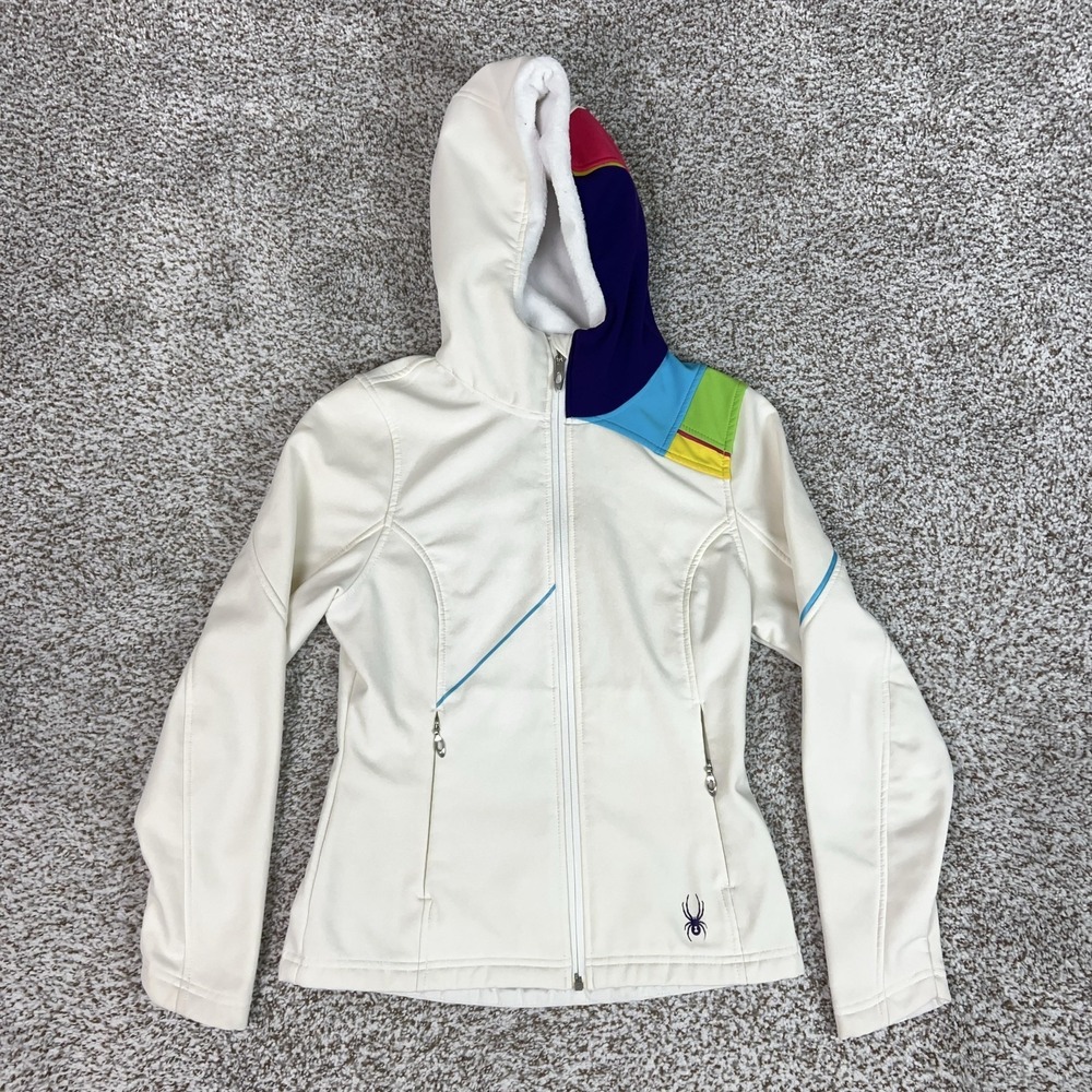 Spyder Jacket Womens XS White Hooded Softshell Ski Snow Colorblock Full Zip